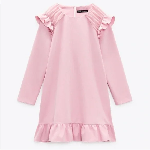 ZARA Bubblegum Pink Ruffle Hem & Shoulders Mini Dress Long Sleeve Sz L - Picture 4 of 16